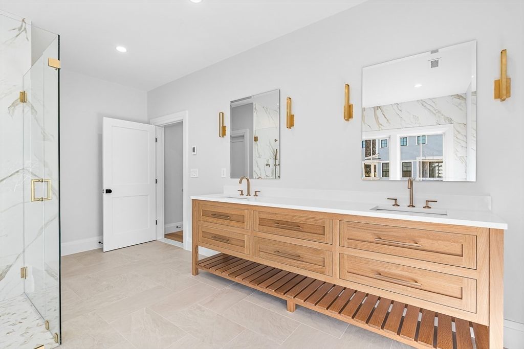 Bathroom, Dual Sink Vanities, Glass Shower, Interior, Marble Walls, Recessed Lighting