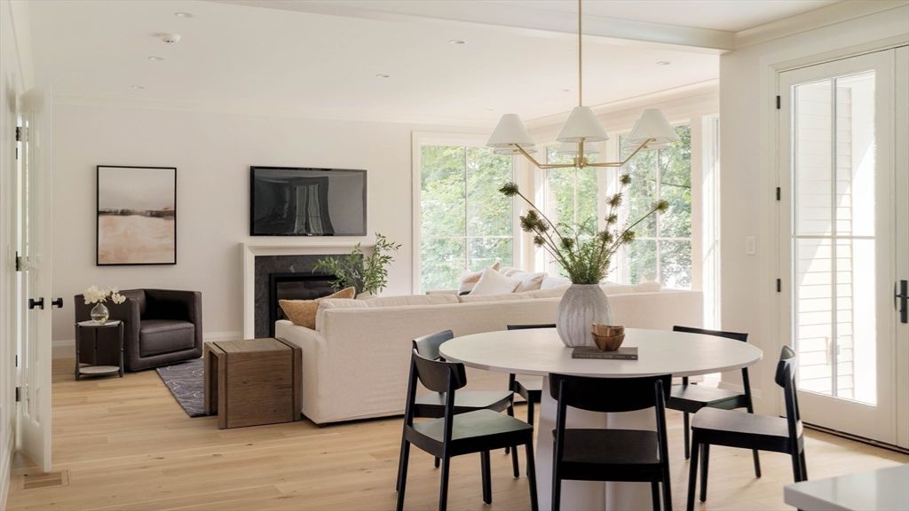 Chandelier, Dining room, Fireplace, Interior, Living room, Recessed Lighting, Wood Texture Flooring