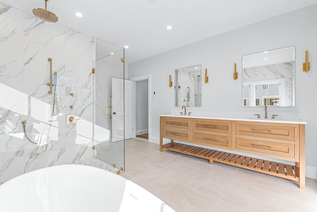 Bathroom, Dual Sink Vanities, Free Standing Baths, Glass Shower, Interior, Marble Walls, Recessed Lighting