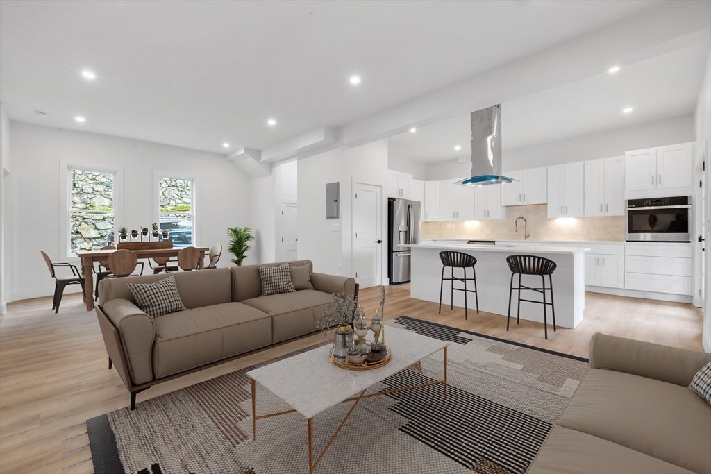 Dining room, Interior, Kitchen, Living room, Recessed Lighting, Stainless Steel Appliances, Wood Texture Flooring