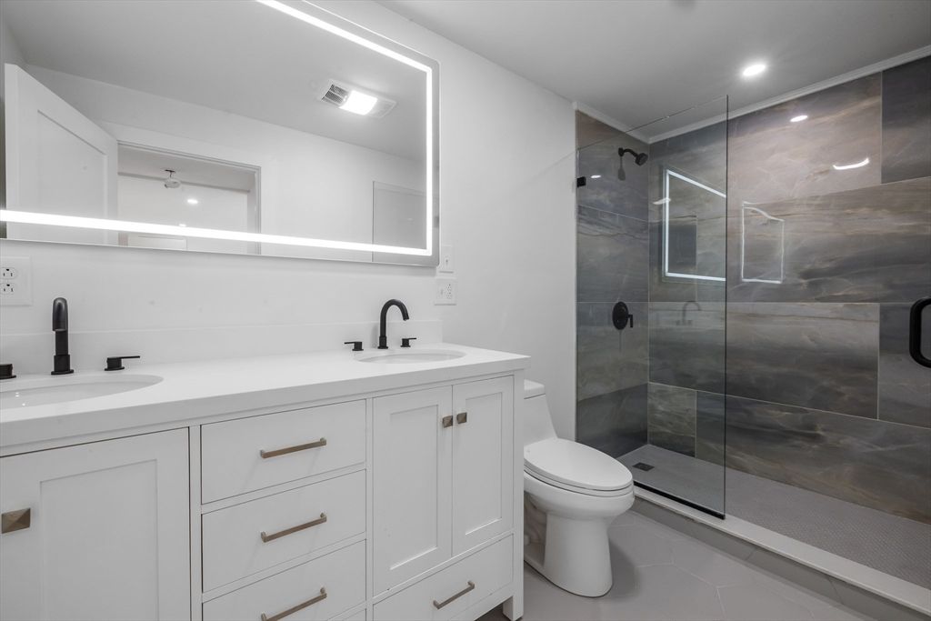 Bathroom, Dual Sink Vanities, Glass Shower, Interior, Recessed Lighting