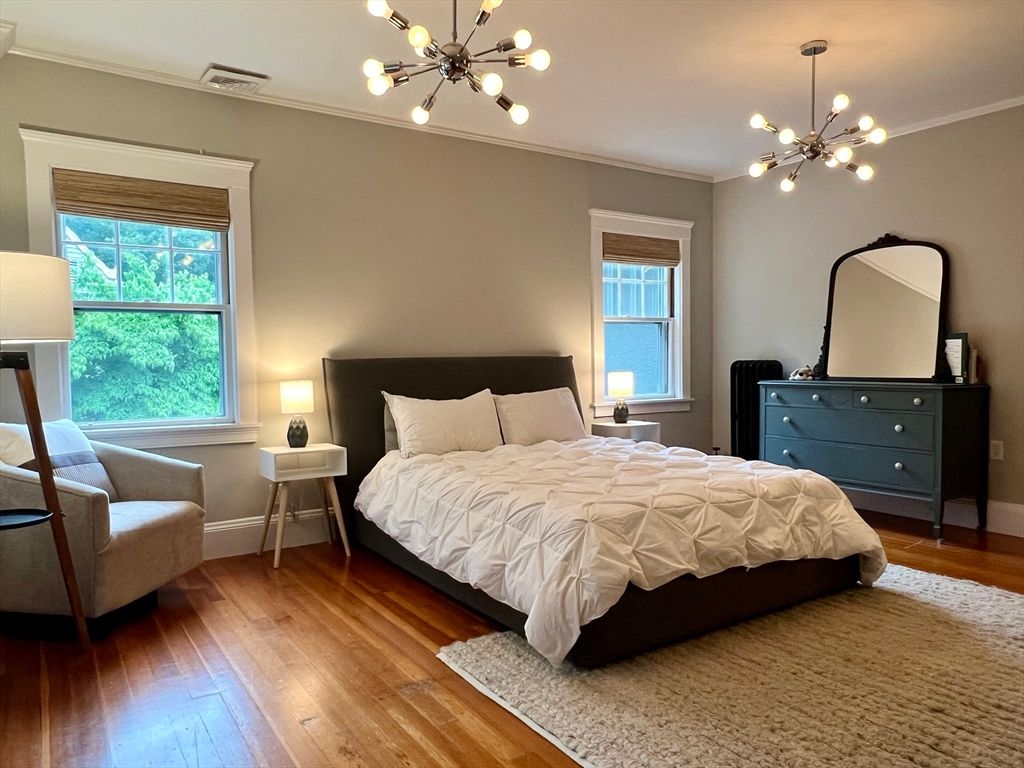 Bedroom, Interior, Pendant Lights, Wood Texture Flooring