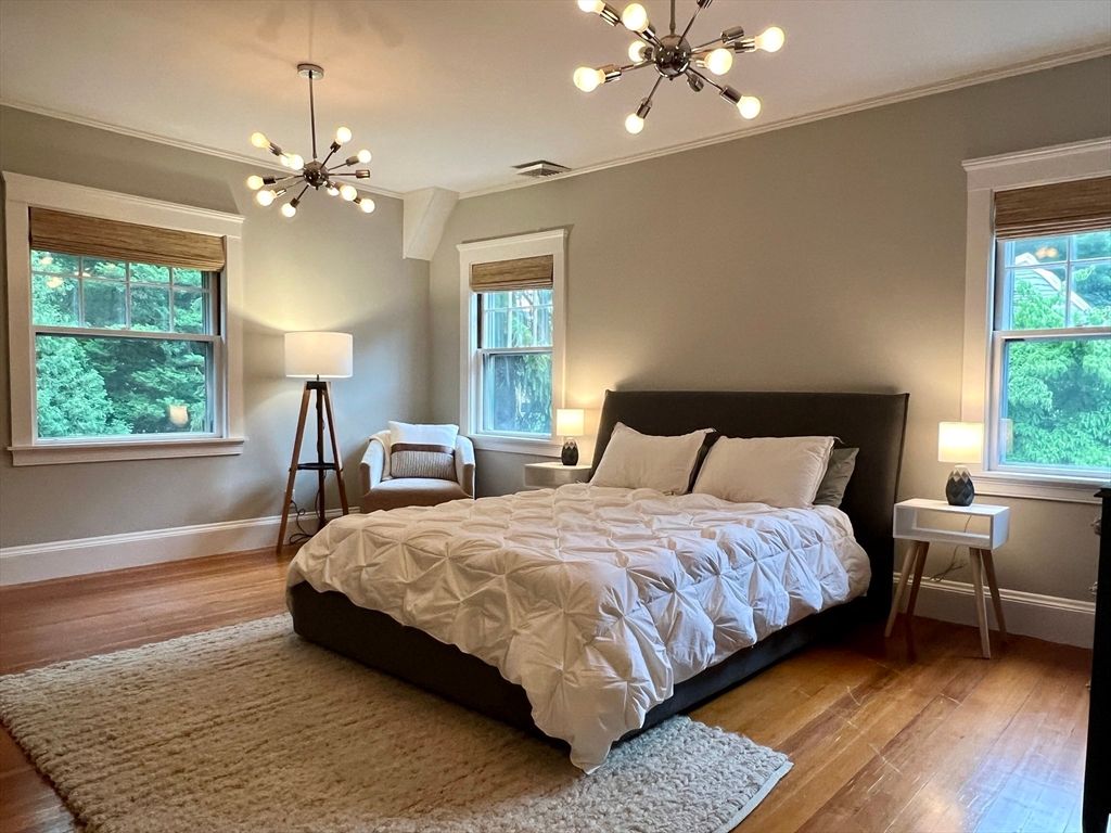 Bedroom, Interior, Pendant Lights, Wood Texture Flooring