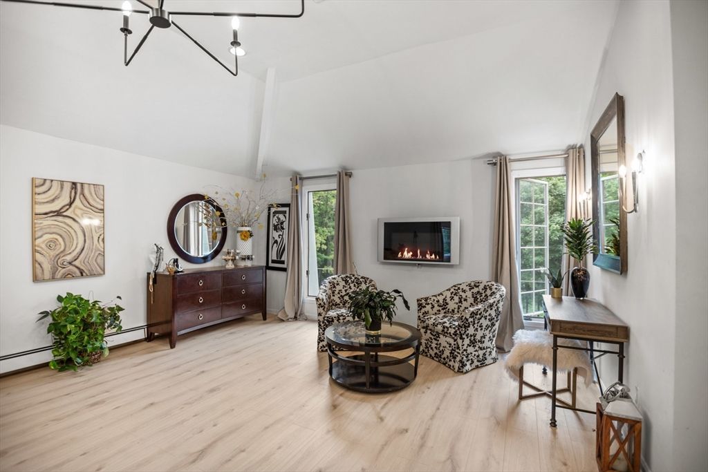 Fireplace, Interior, Pendant Lights, Wood Texture Flooring