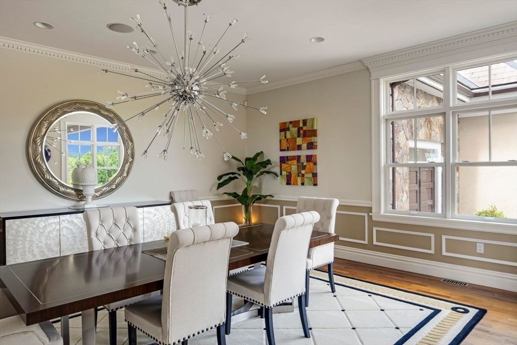 Dining room, Interior, Pendant Lights, Recessed Lighting, Wood Texture Flooring