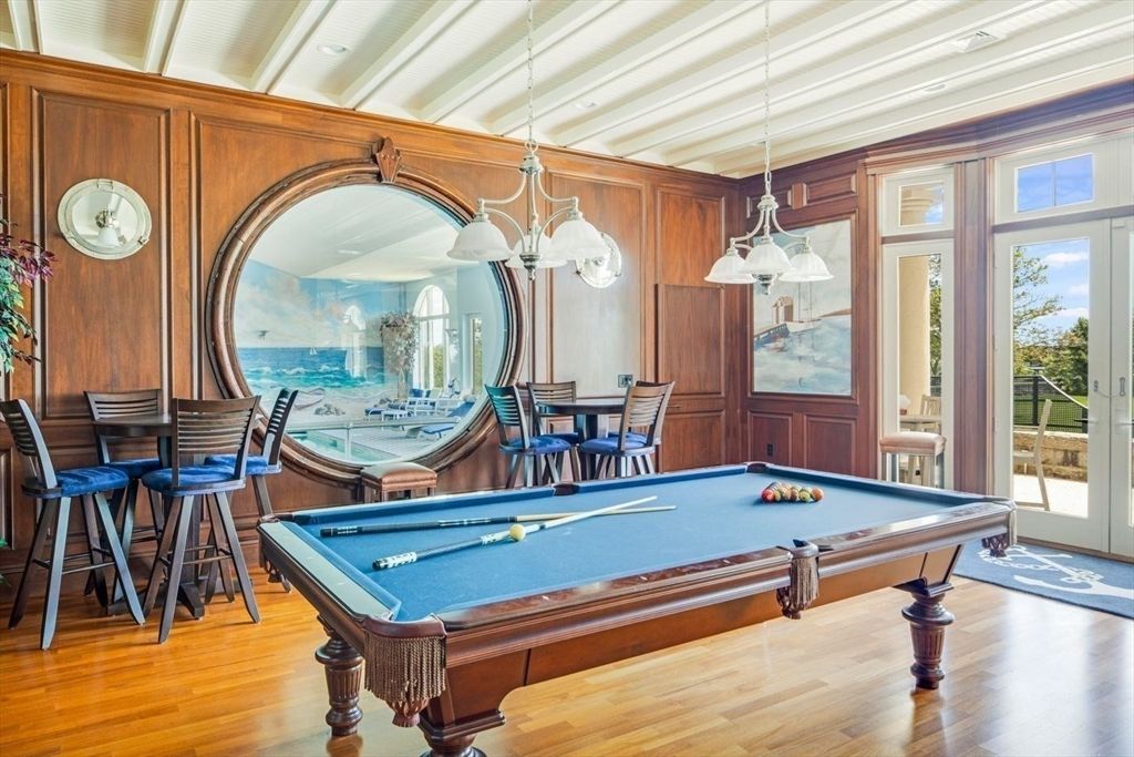 Billiard Table, Chandelier, Game Room, Interior, Pendant Lights, Wood Texture Flooring, Wooden Walls