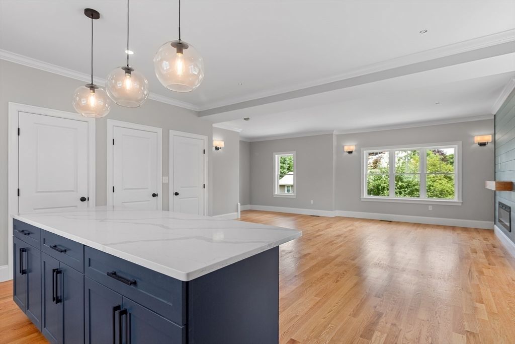 Empty room, Fireplace, Interior, Pendant Lights, Wood Texture Flooring