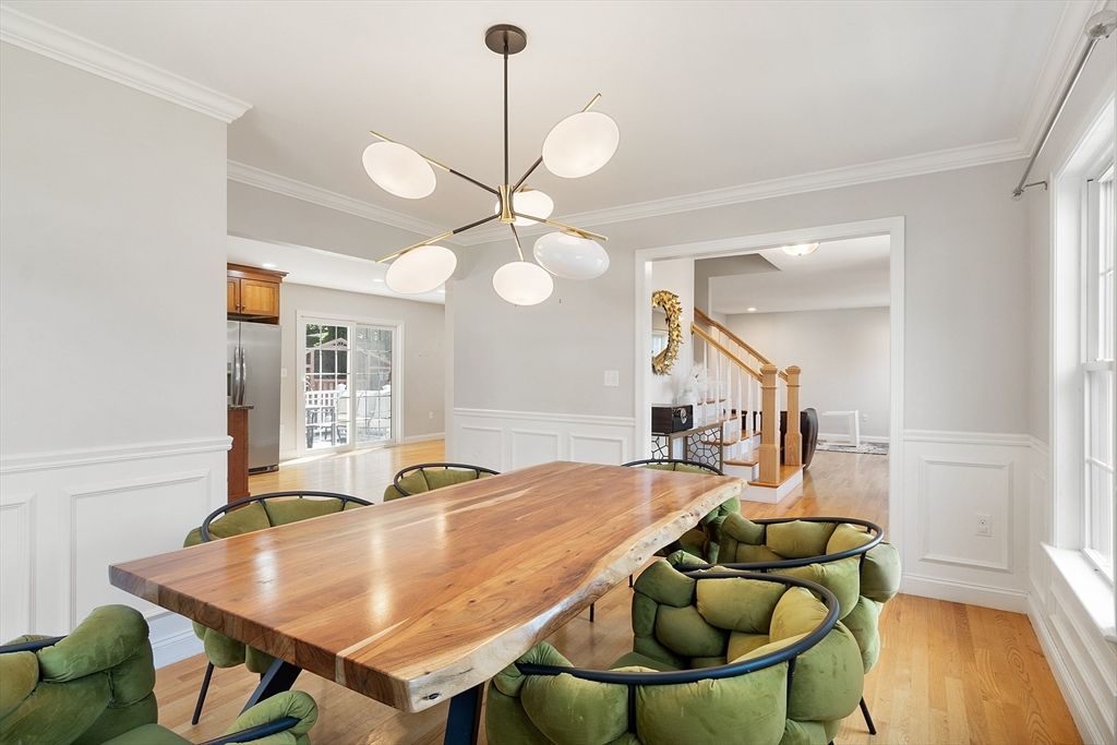 Dining room, Interior, Pendant Lights, Wood Texture Flooring