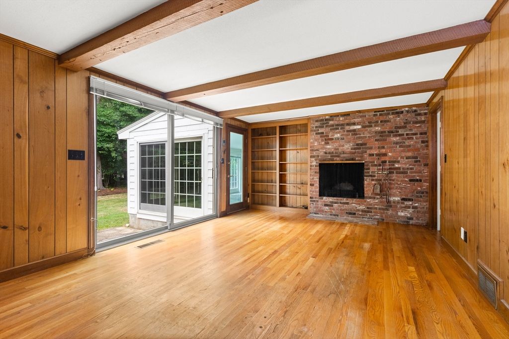 Empty room, Fireplace, Interior, Stone Walls, Wooden Beams, Wood Texture Flooring, Wooden Walls