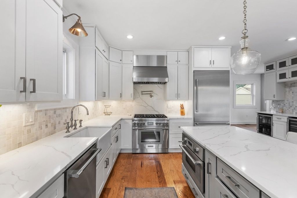 Interior, Kitchen, Pendant Lights, Recessed Lighting, Stainless Steel Appliances, Wood Texture Flooring