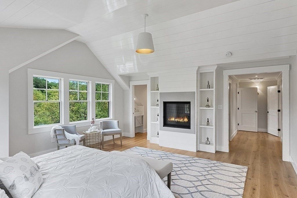 Bedroom, Fireplace, Interior, Pendant Lights, Wood Texture Flooring