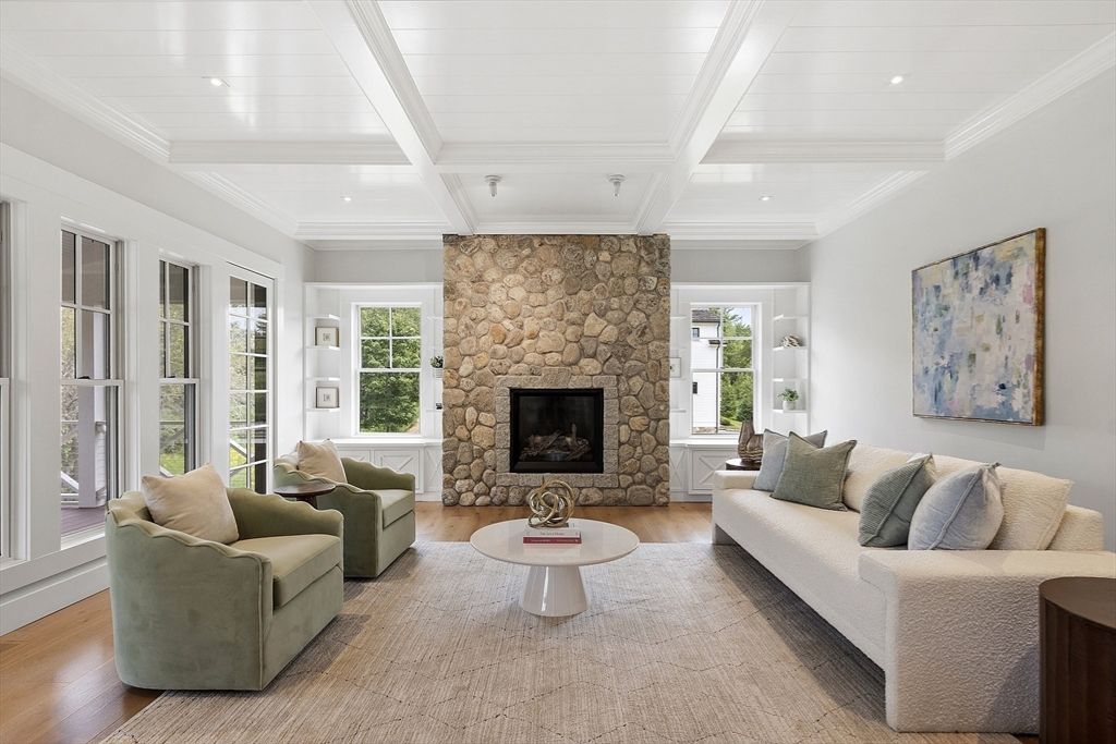 Fireplace, Interior, Living room, Recessed Lighting, Stone Walls, Wood Texture Flooring