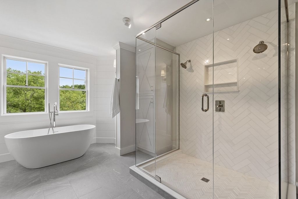 Bathroom, Free Standing Baths, Glass Shower, Interior, Recessed Lighting