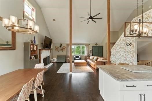 Dining room, Fireplace, Interior, Living room, Pendant Lights, Wood Texture Flooring