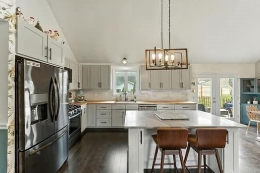Chandelier, Interior, Kitchen, Pendant Lights, Stainless Steel Appliances, Wood Texture Flooring
