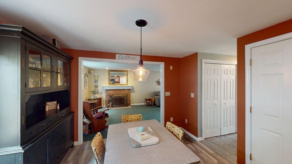 Fireplace, Interior, Pendant Lights, Recessed Lighting, Wood Texture Flooring