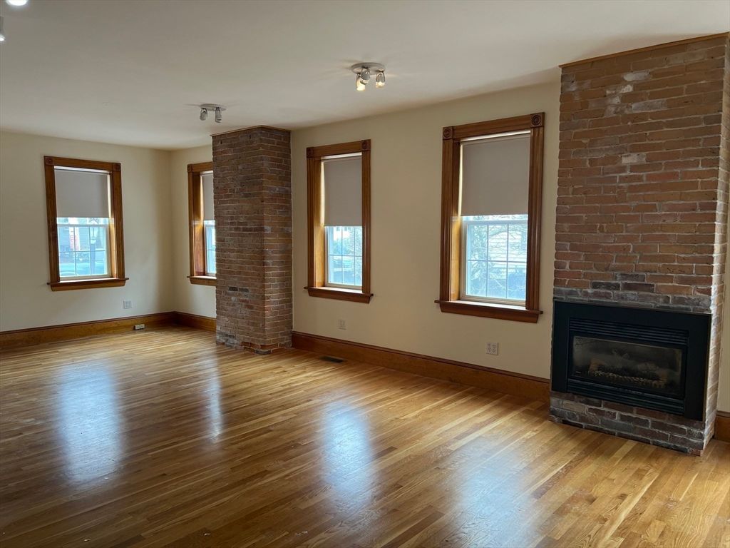 Empty room, Fireplace, Interior, Stone Walls, Wood Texture Flooring