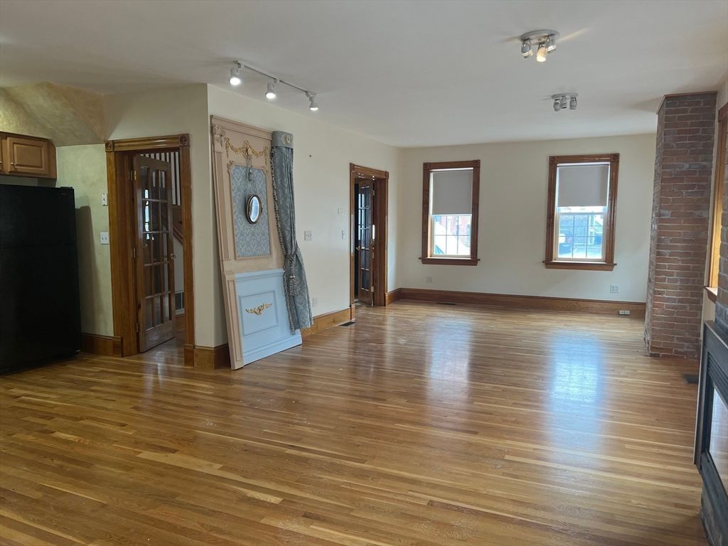 Empty room, Fireplace, Interior, Stone Walls, Wood Texture Flooring