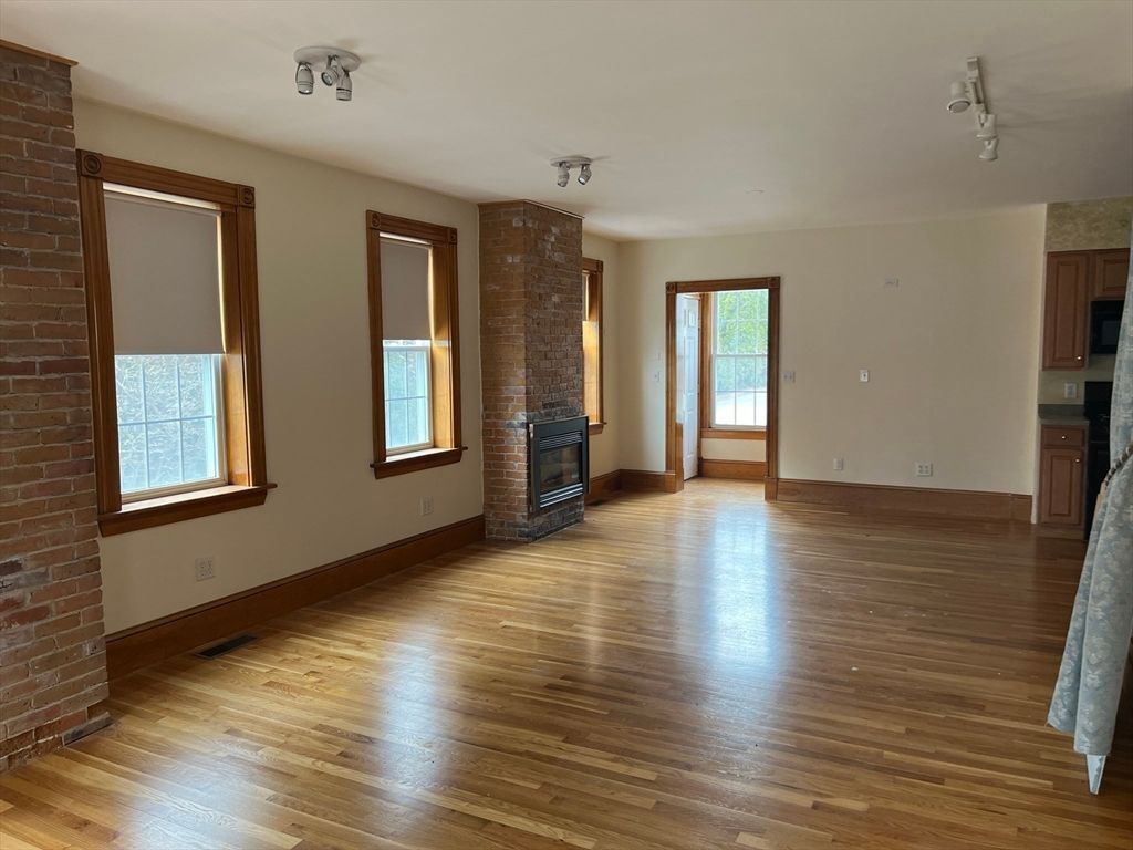 Empty room, Fireplace, Interior, Stone Walls, Wood Texture Flooring