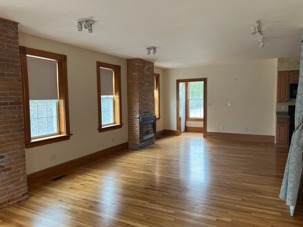 Empty room, Fireplace, Interior, Stone Walls, Wood Texture Flooring
