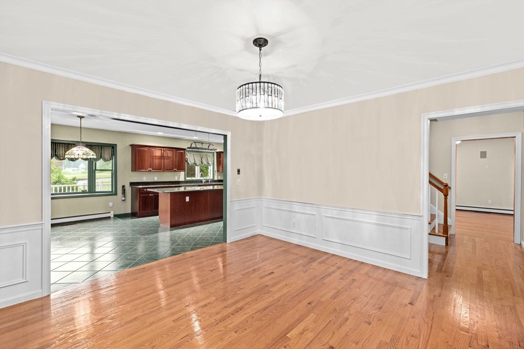 Chandelier, Empty room, Interior, Kitchen, Pendant Lights, Wood Texture Flooring