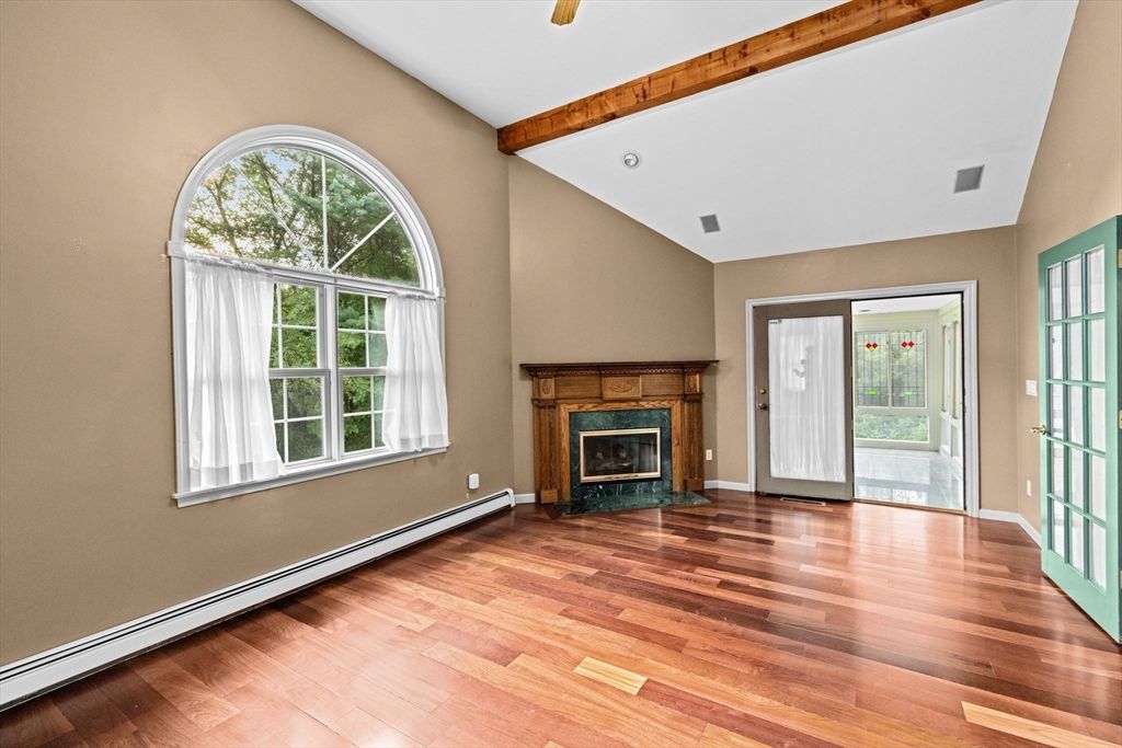 Empty room, Fireplace, Interior, Wooden Beams, Wood Texture Flooring