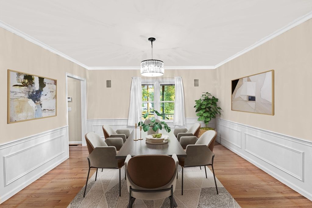 Dining room, Interior, Pendant Lights, Wood Texture Flooring