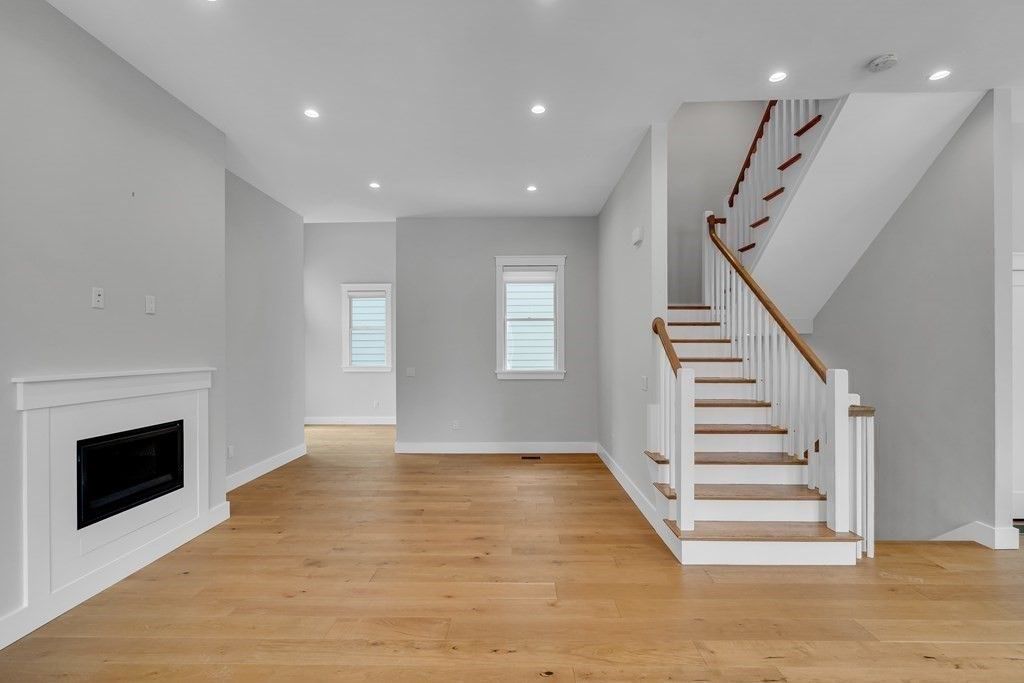 Fireplace, Interior, Recessed Lighting, Wood Texture Flooring