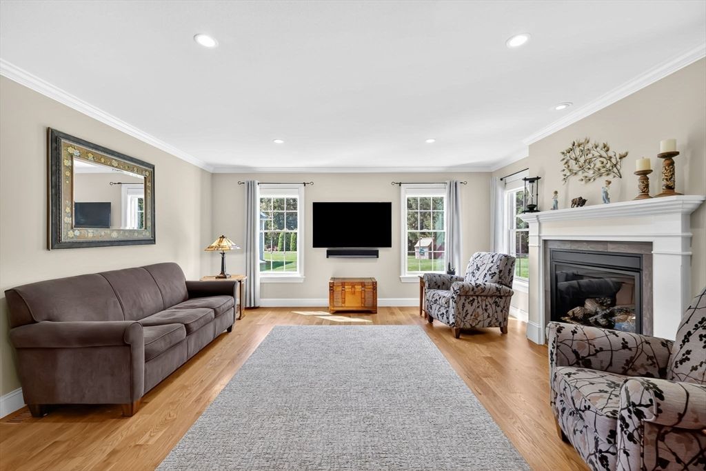 Fireplace, Interior, Living room, Recessed Lighting, Wood Texture Flooring