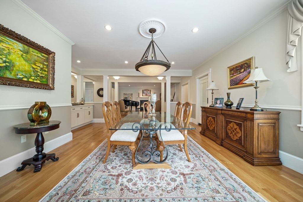Dining room, Interior, Pendant Lights, Recessed Lighting, Wood Texture Flooring