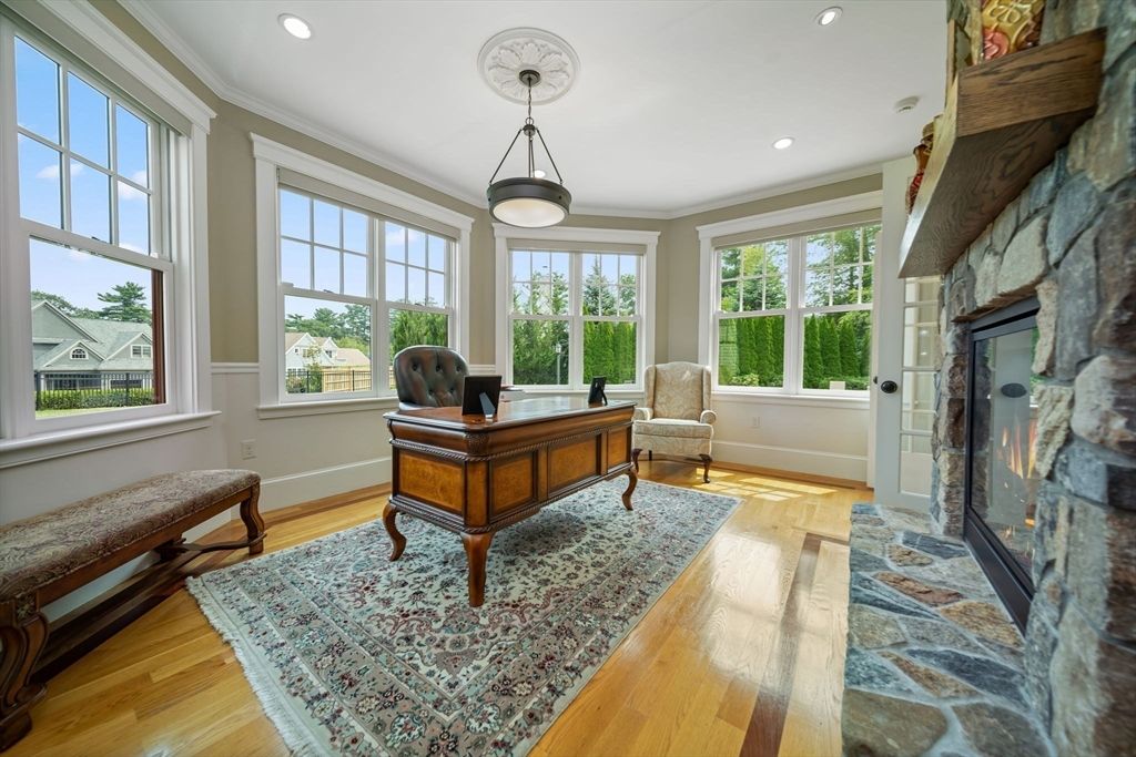 Fireplace, Home Office, Interior, Recessed Lighting, Wood Texture Flooring
