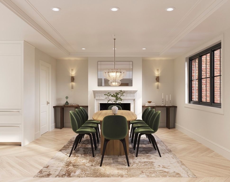 Dining room, Fireplace, Interior, Pendant Lights, Recessed Lighting, Wood Texture Flooring