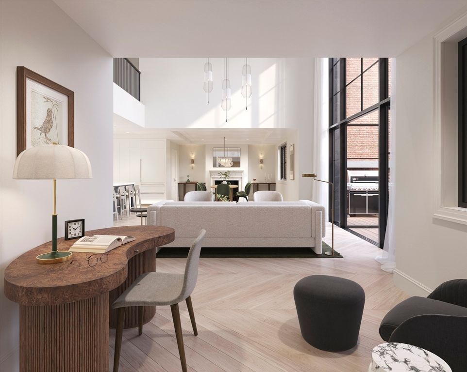 Fireplace, Interior, Living room, Pendant Lights, Wood Texture Flooring