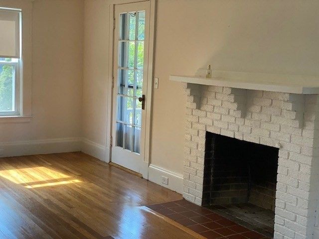 Empty room, Fireplace, Interior, Stone Walls, Wood Texture Flooring