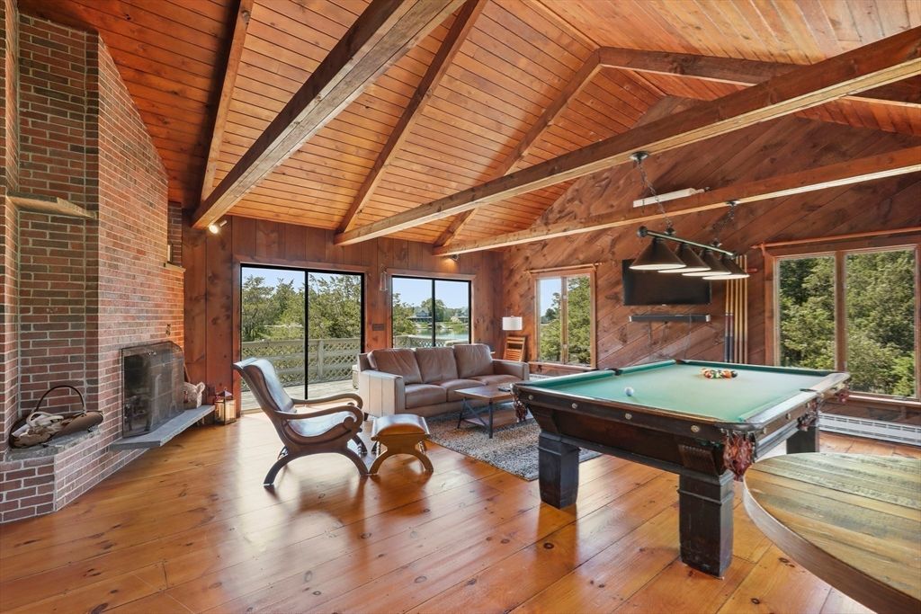 Billiard Table, Fireplace, Game Room, Interior, Living room, Stone Walls, Wooden Beams, Wooden Ceilings, Wood Texture Flooring, Wooden Walls