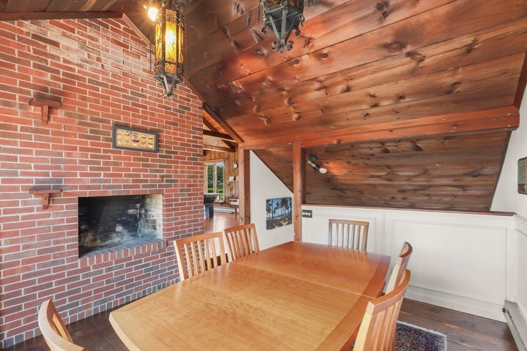 Dining room, Fireplace, Interior, Stone Walls, Wooden Beams, Wooden Ceilings, Wood Texture Flooring
