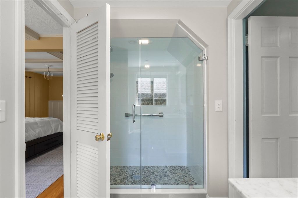 Bathroom, Bedroom, Glass Shower, Interior, Recessed Lighting, Wood Texture Flooring