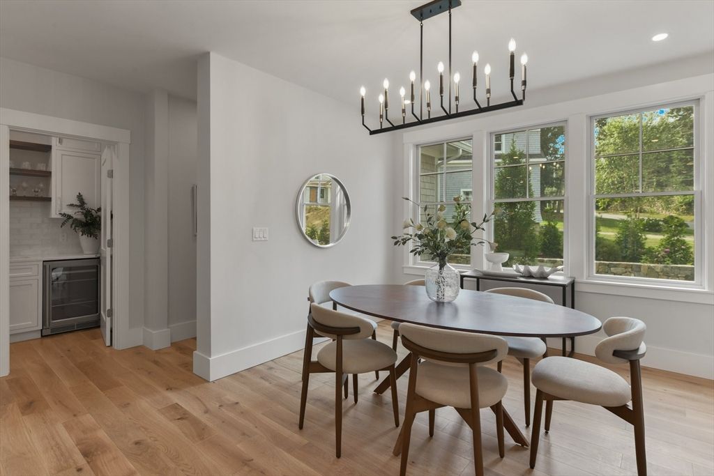 Dining room, Interior, Pendant Lights, Recessed Lighting, Wood Texture Flooring