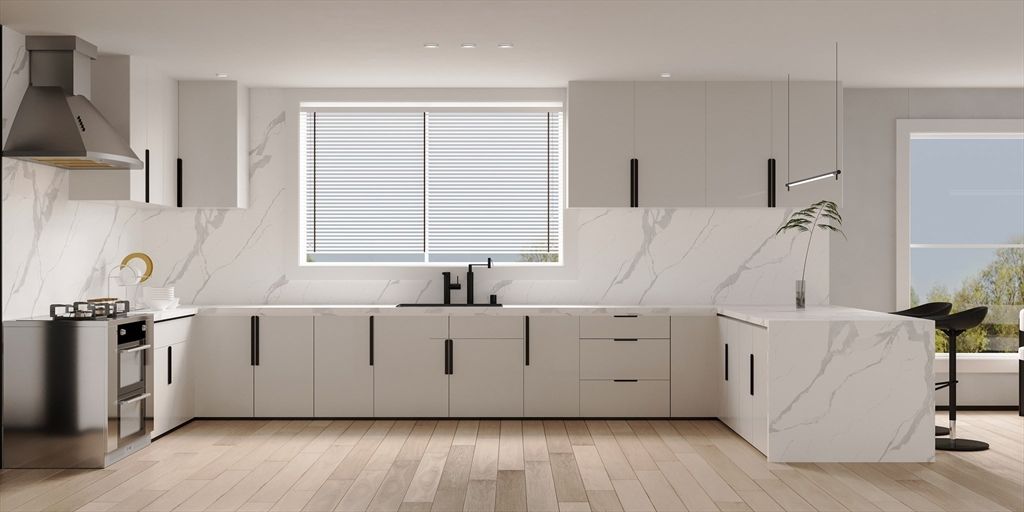 Interior, Kitchen, Marble Walls, Recessed Lighting, Stainless Steel Appliances, Wood Texture Flooring