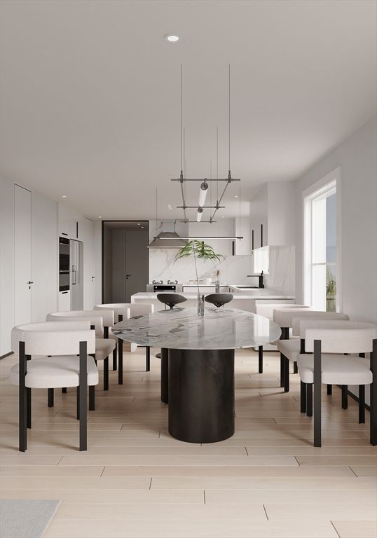 Dining room, Interior, Kitchen, Pendant Lights, Recessed Lighting, Stainless Steel Appliances, Wood Texture Flooring