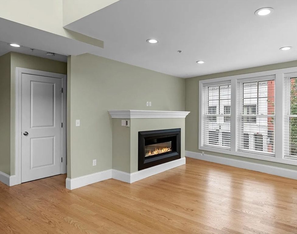 Empty room, Fireplace, Interior, Recessed Lighting, Wood Texture Flooring