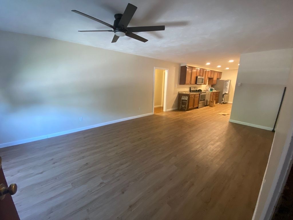 Empty room, Interior, Kitchen, Recessed Lighting, Wood Texture Flooring