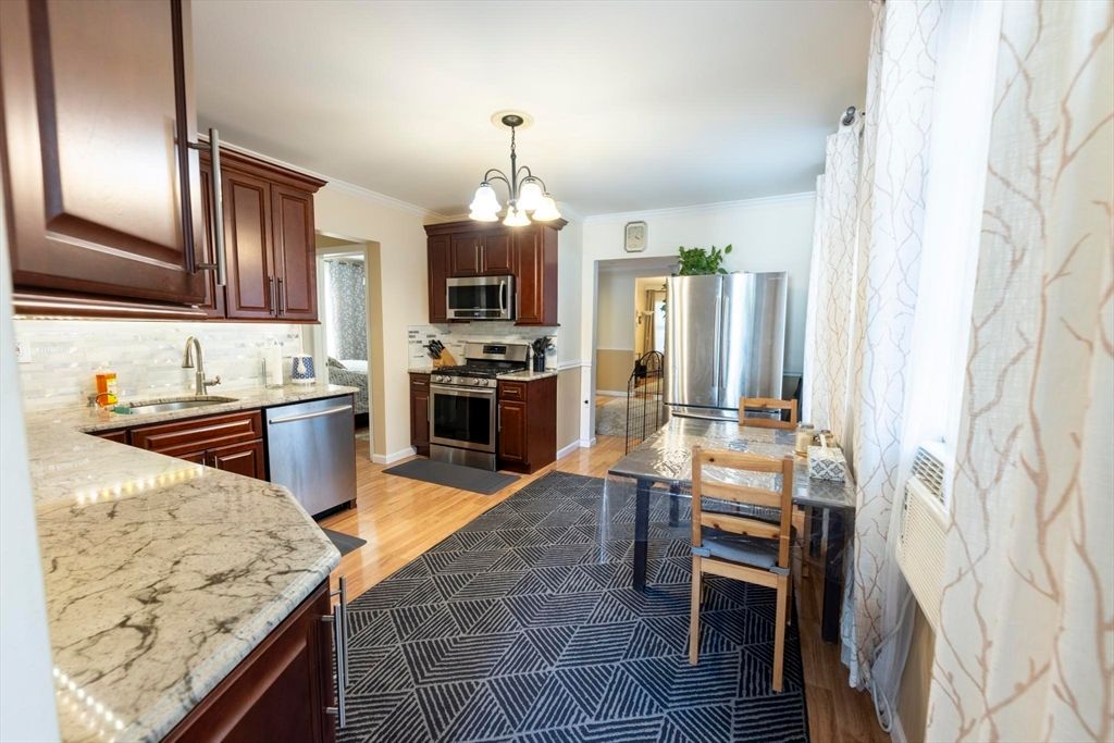 Chandelier, Interior, Kitchen, Stainless Steel Appliances, Wood Texture Flooring