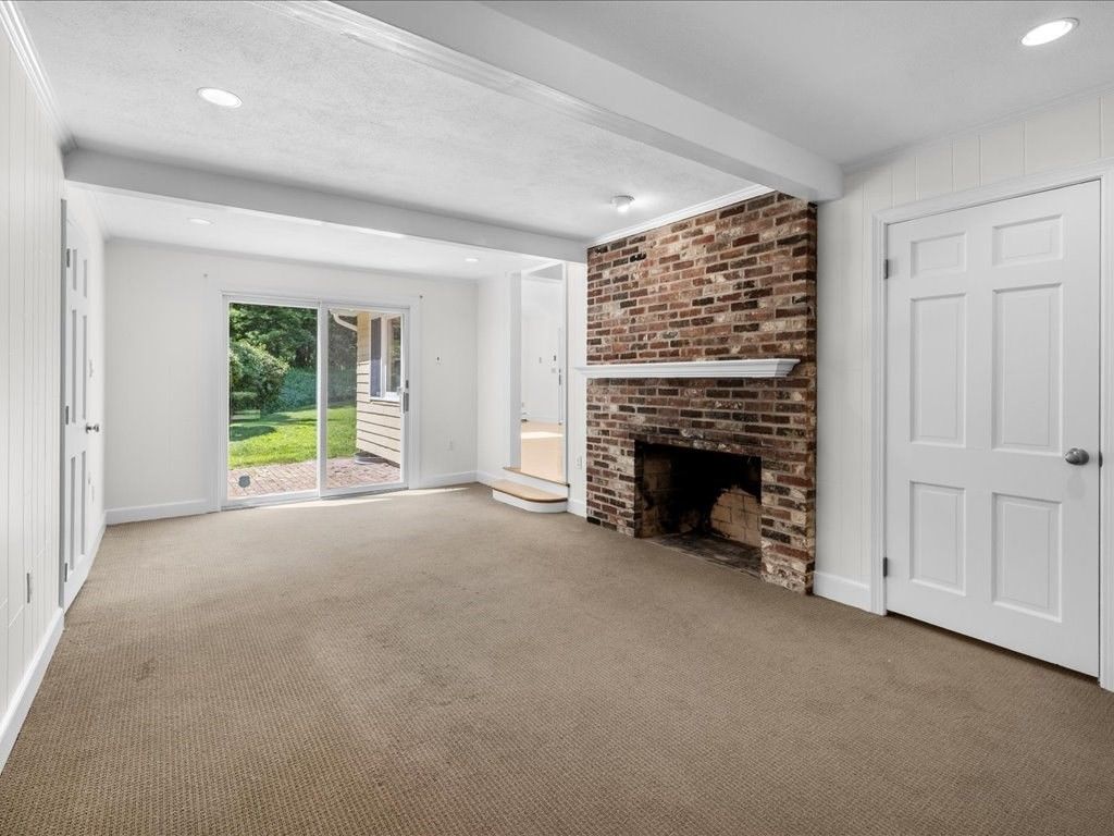 Empty room, Fireplace, Interior, Recessed Lighting, Stone Walls