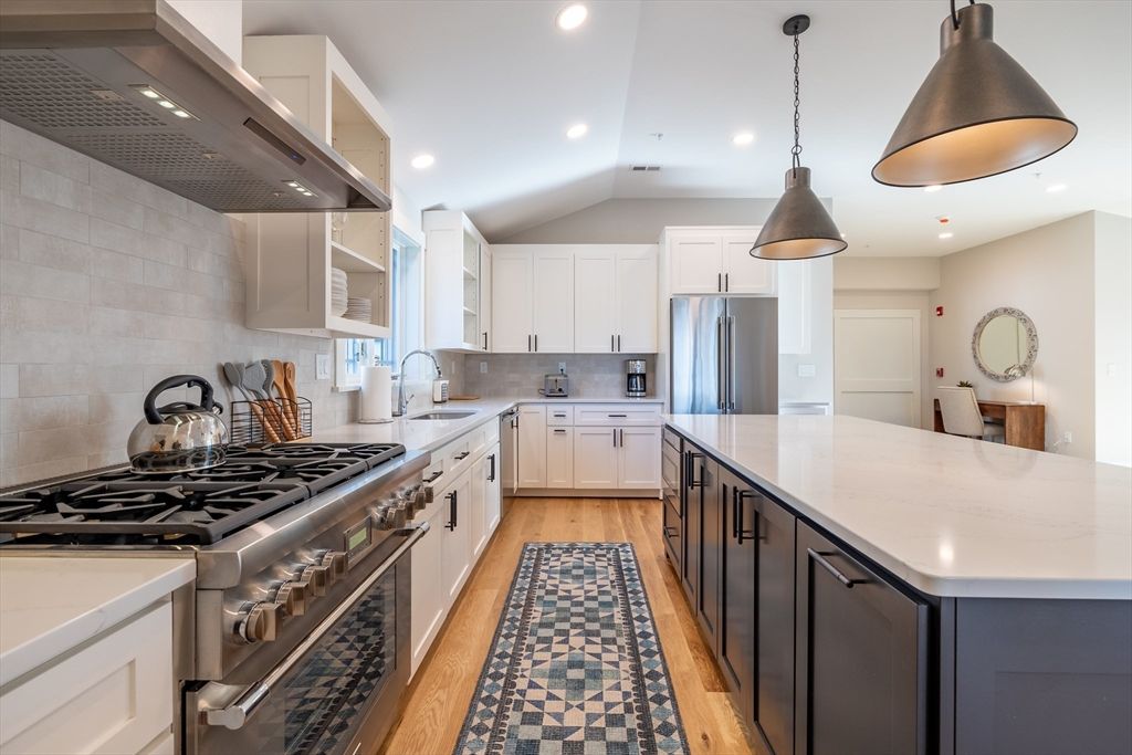 Interior, Kitchen, Pendant Lights, Recessed Lighting, Stainless Steel Appliances, Wood Texture Flooring