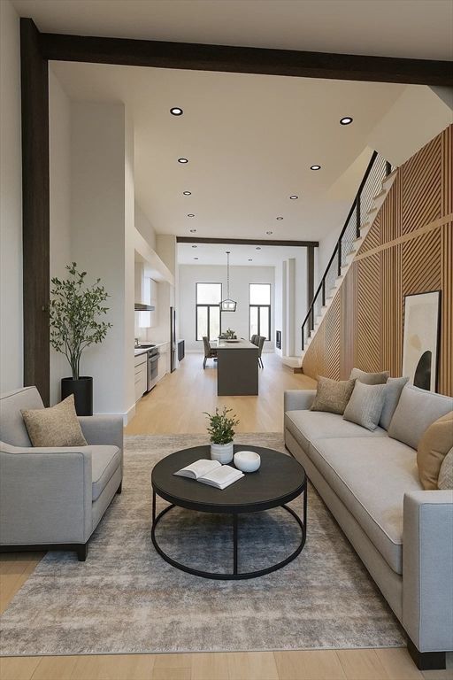 Dining room, Interior, Living room, Pendant Lights, Recessed Lighting, Wood Texture Flooring