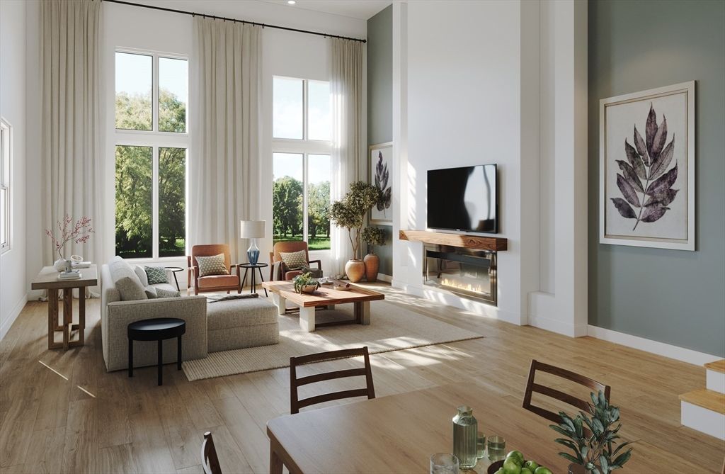 Dining room, Fireplace, Interior, Living room, Wood Texture Flooring
