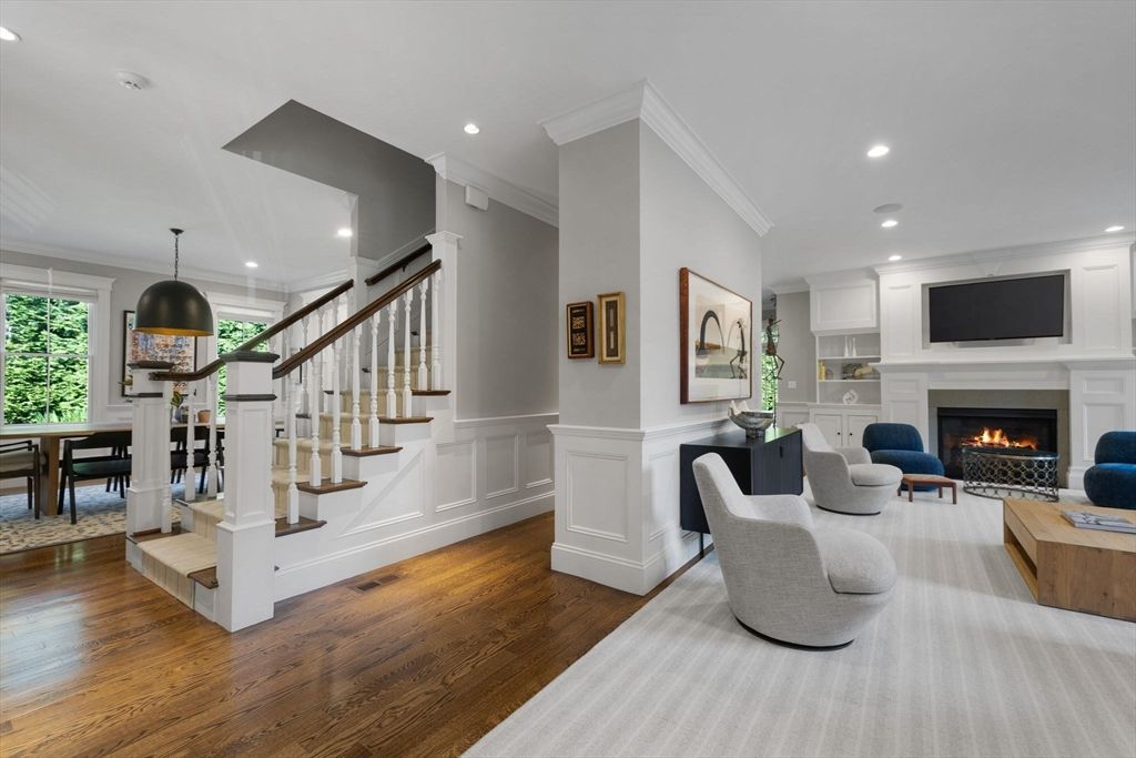 Dining room, Fireplace, Interior, Living room, Pendant Lights, Recessed Lighting, Wood Texture Flooring