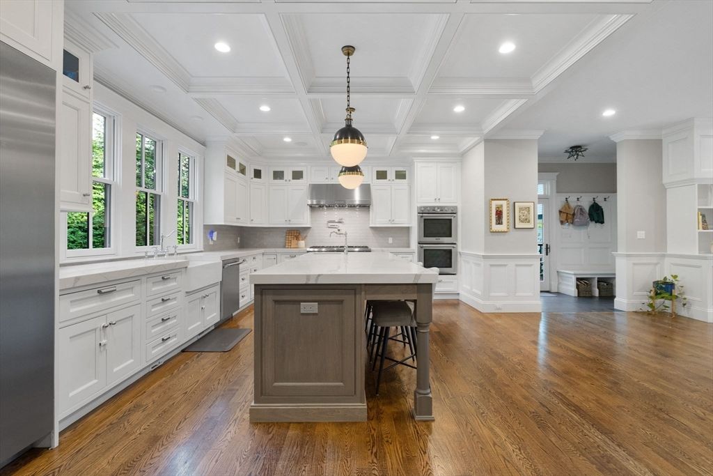 Interior, Kitchen, Pendant Lights, Recessed Lighting, Stainless Steel Appliances, Wood Texture Flooring