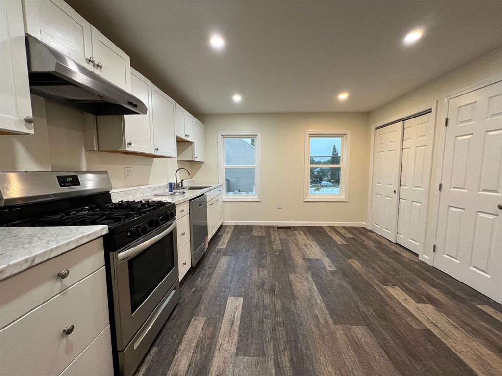 Interior, Kitchen, Recessed Lighting, Stainless Steel Appliances, Wood Texture Flooring